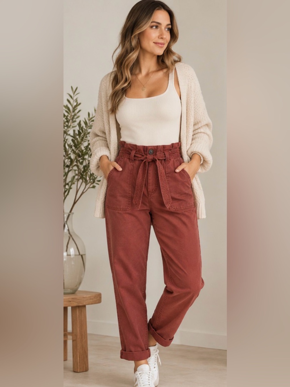 Rust Paperbag Waist Belted Pants Size 8 Tapered Boho Fall